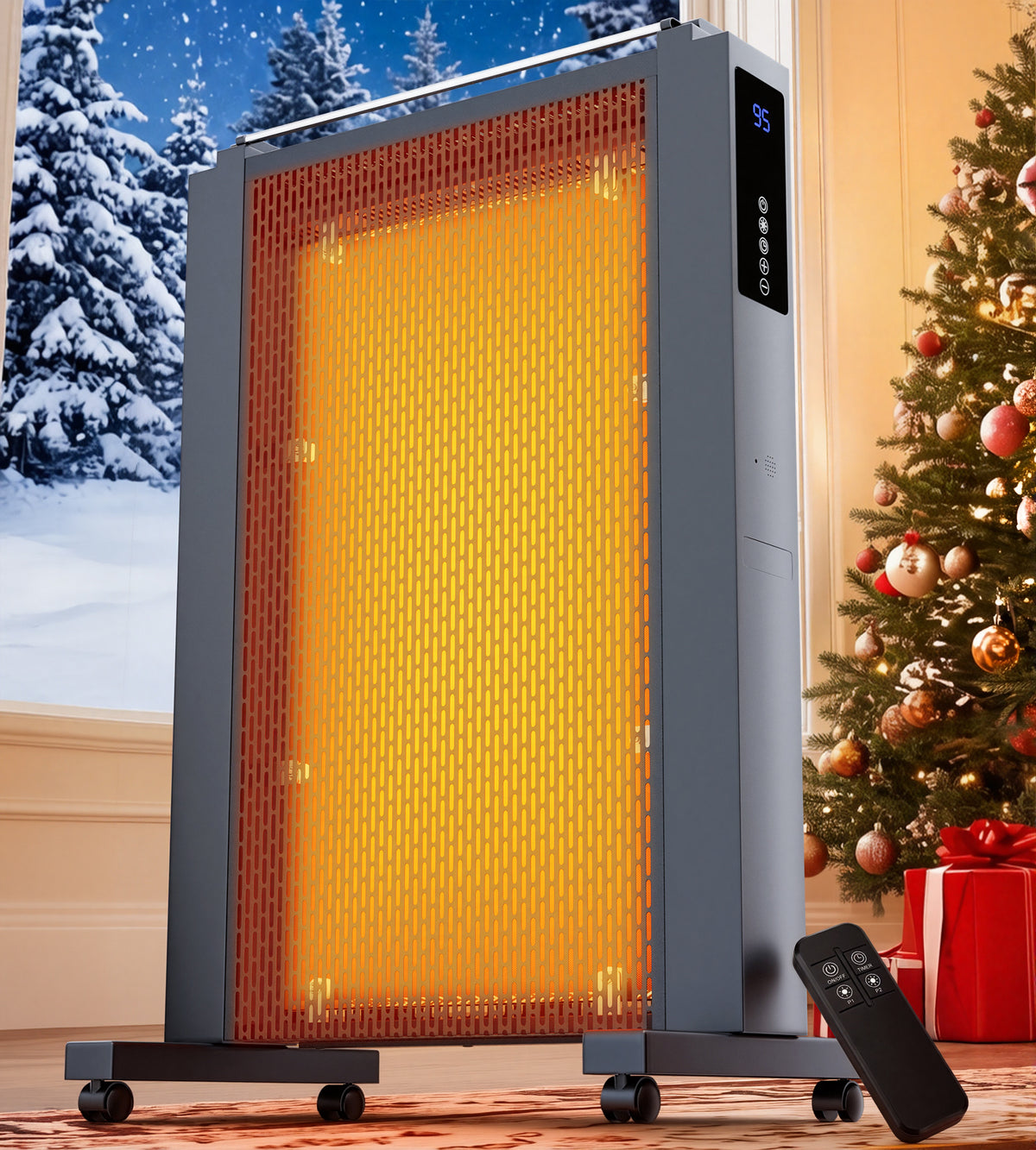 35'' Electric Convection Space Heater for Large Room, 1500W Fast Heating Indoor Use, ECO,12H Timer, Tip-over & Overheat Protection, Child Lock, Humidifier Box, Towel Rack Handle & Wheels