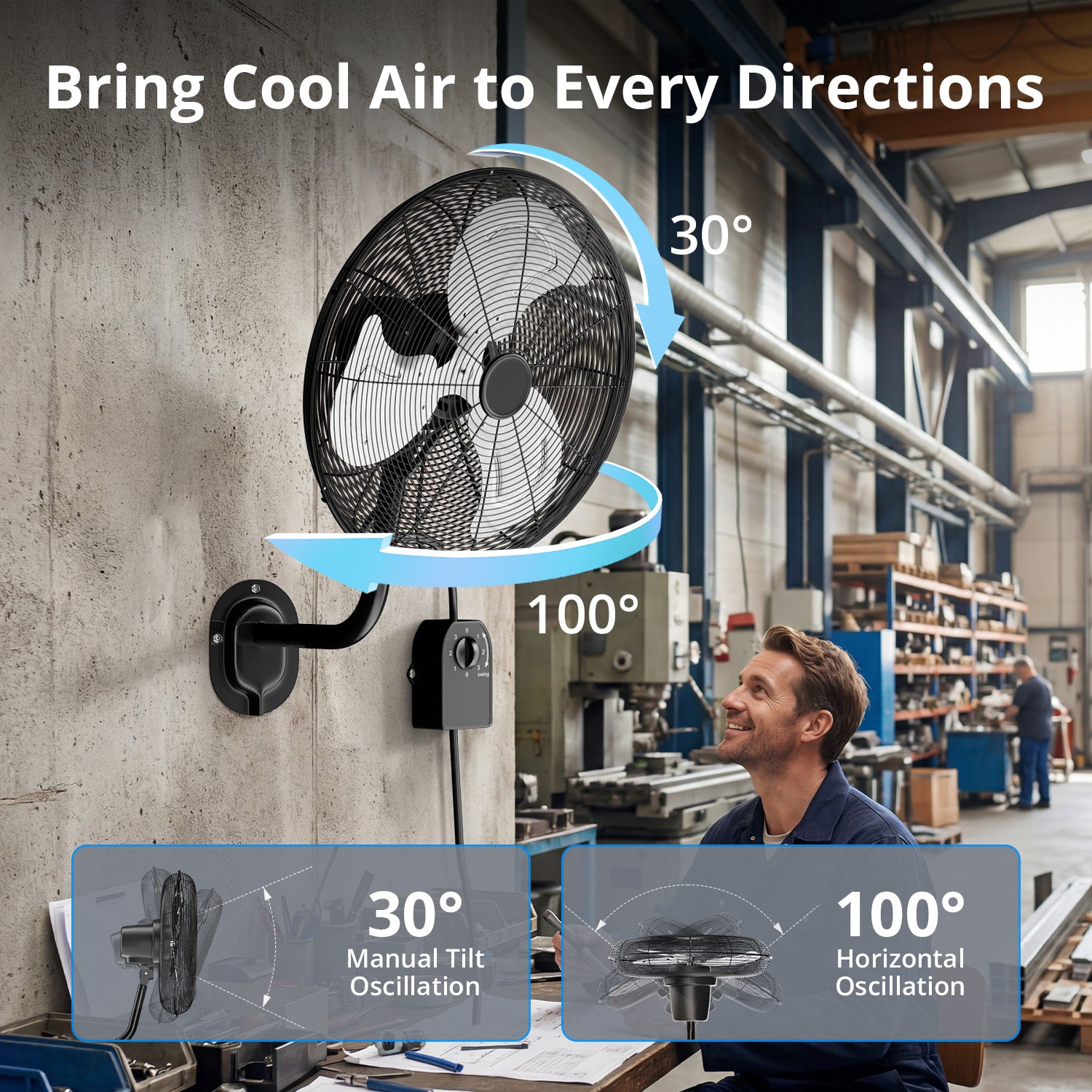 KEGIAN 20" Wall Mount Fan, Wall Fans Oscillating with 3 Speeds, 100° Oscillation, Max 5600 CFM, Adjustable Tilt, Heavy Duty, High Velocity, Outdoor Fans for Patios