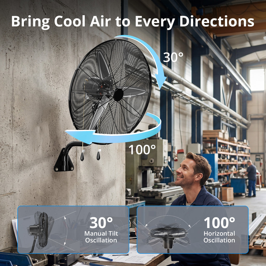 KEGIAN 30 Inch Wall Mount Fan, 11200 CFM High Velocity Oscillating Fan with 3 Speeds, Adjustable Tilt, Heavy Duty Industrial Wall Mounted Fan for Garage, Shop, Patio, Porch, Outdoor