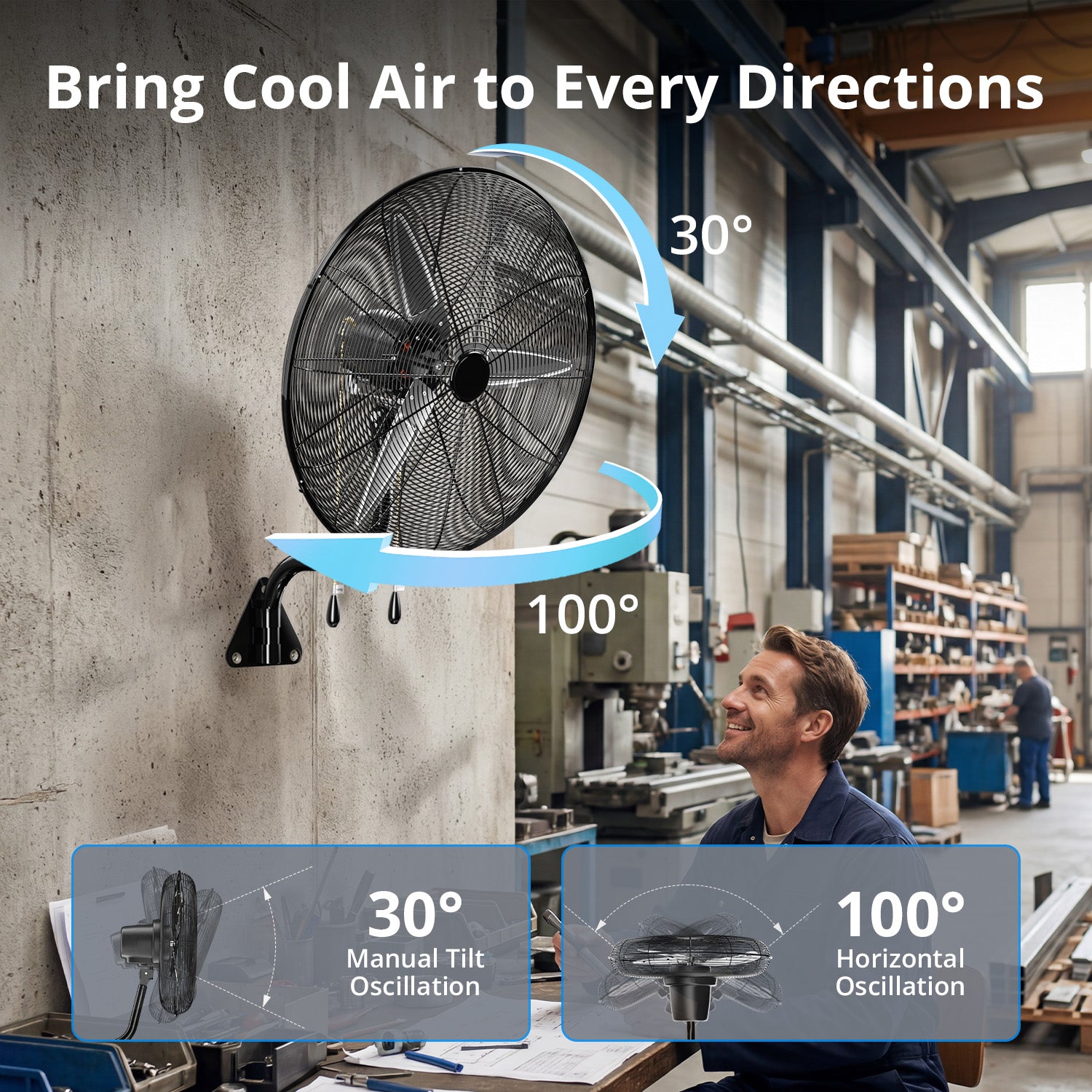 KEGIAN 26 Inch Wall Mount Fan, 9200 CFM High Velocity Oscillating Fan with 3 Speeds, Adjustable Tilt, Heavy Duty Industrial Wall Mounted Fan for Garage, Shop, Patio, Porch, Outdoor