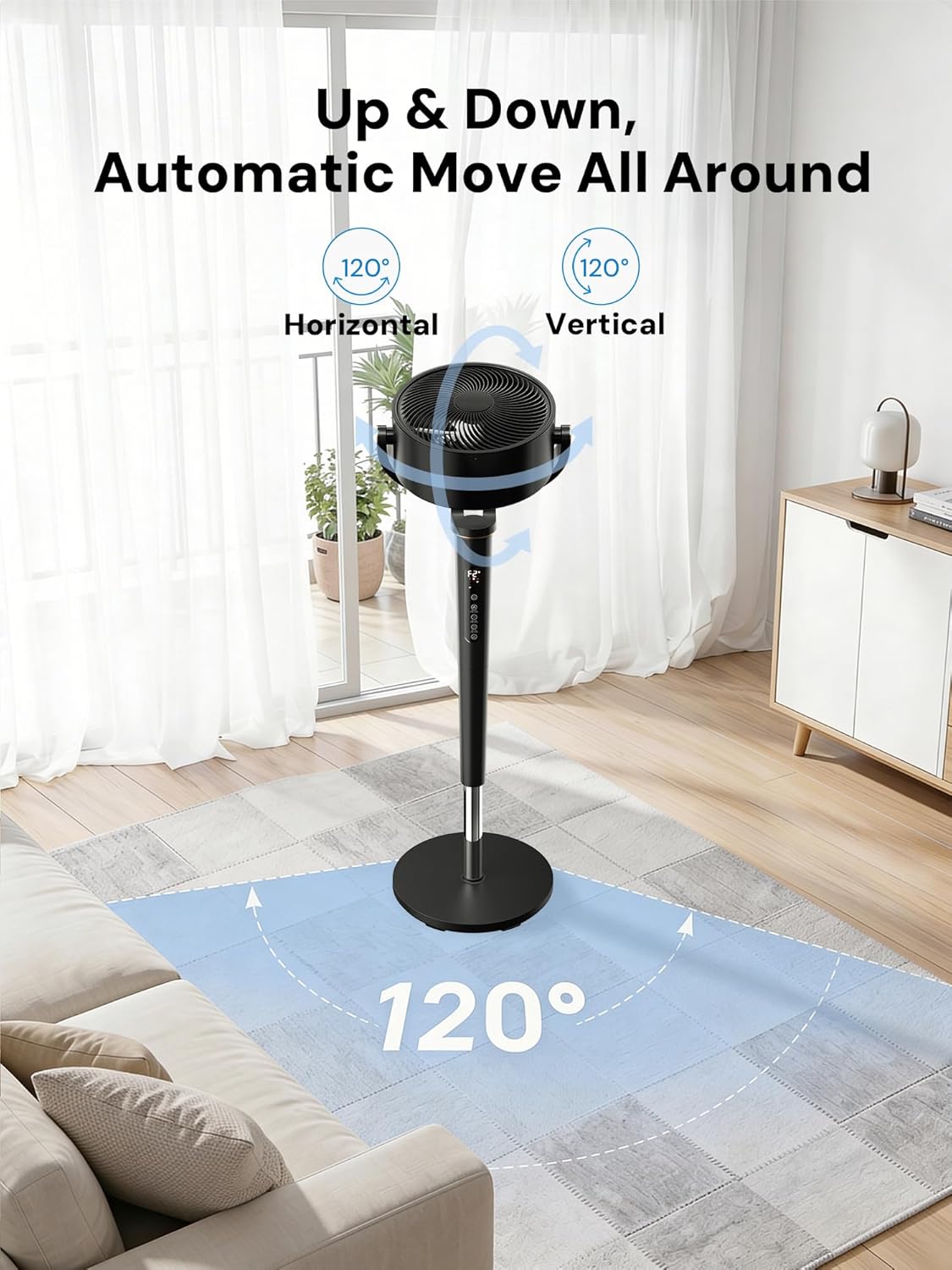 KEGIAN Smart Fan for Bedroom, 120° +120° 3D Oscillating Fan, 120ft Quiet Pedestal Fan with Remote/Ambient Light/Timer, Standing Fan with 16 Speeds, 4 Modes, 20dB, 38-46" Floor Fan for Room