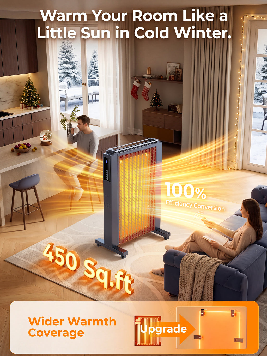 35'' Electric Convection Space Heater for Large Room, 1500W Fast Heating Indoor Use, ECO,12H Timer, Tip-over & Overheat Protection, Child Lock, Humidifier Box, Towel Rack Handle & Wheels
