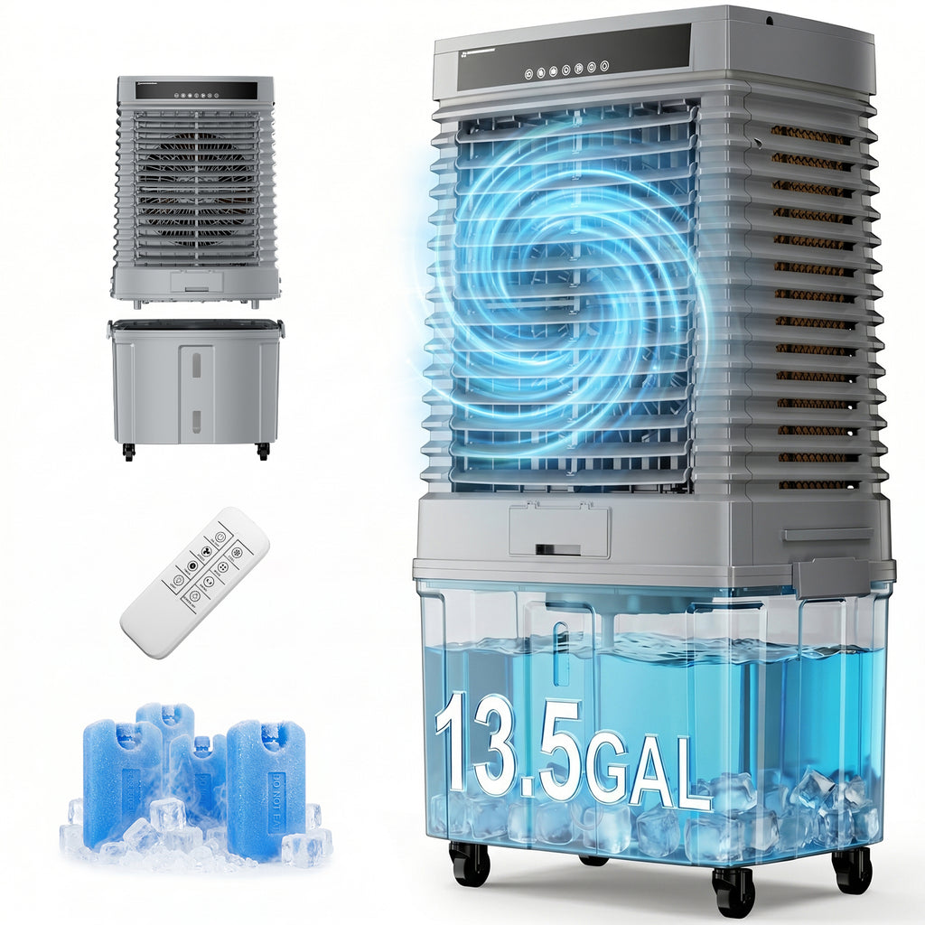 KEGIAN Swamp Cooler, 41" Evaporative Air Cooler w/ 13.5Gal Detachable Tank,120° Oscillation, 12H Timer, Remote, Energy Efficient Windowless Portable Air Conditioner, Cooling Fan for Indoor/Outdoor Use