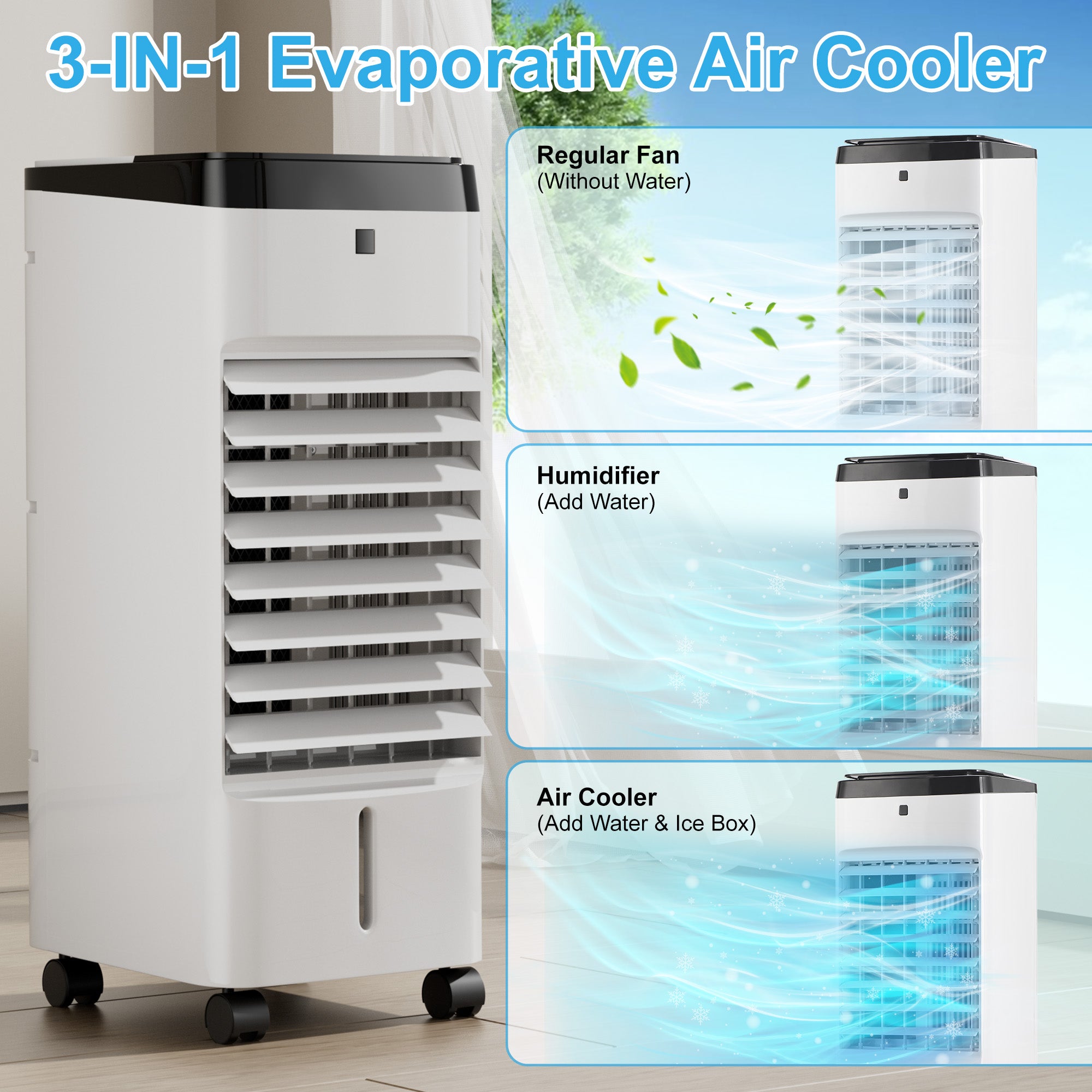 KEGIAN Swamp Cooler, Windowless Portable Air Conditioners with Remote, 120° Oscillation, 4 Modes & 3 Speeds, 12H Timer, 3-in-1 Evaporative Air Cooler, Cooling Fans for Bedroom, Home, Office