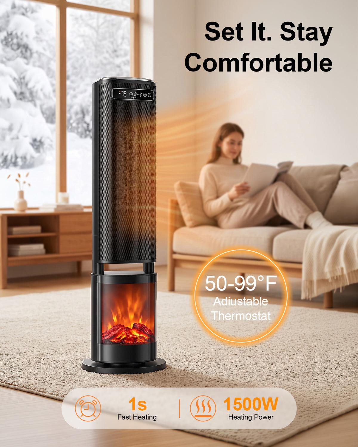 31-Inch Portable Electric Space Heater for Indoor Use, 1500W Tower Heater for Large Rooms, Bedrooms and Offices, 120° Oscillating,24-Hour Timer, Child Lock, ECO Mode