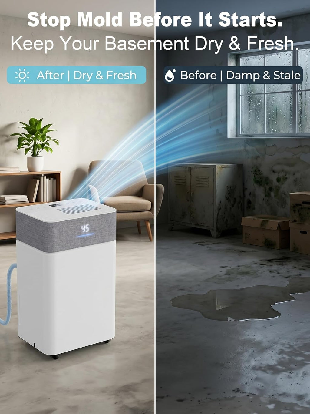 KEGIAN 4000 Sq.Ft Dehumidifier for Basement, 55 Pint Dehumidifiers for Home, Bedroom, Bathroom, Large Room, Portable Energy Star Dehumidifier with Drain Hose, Smart Humidity Control, Quiet Operation