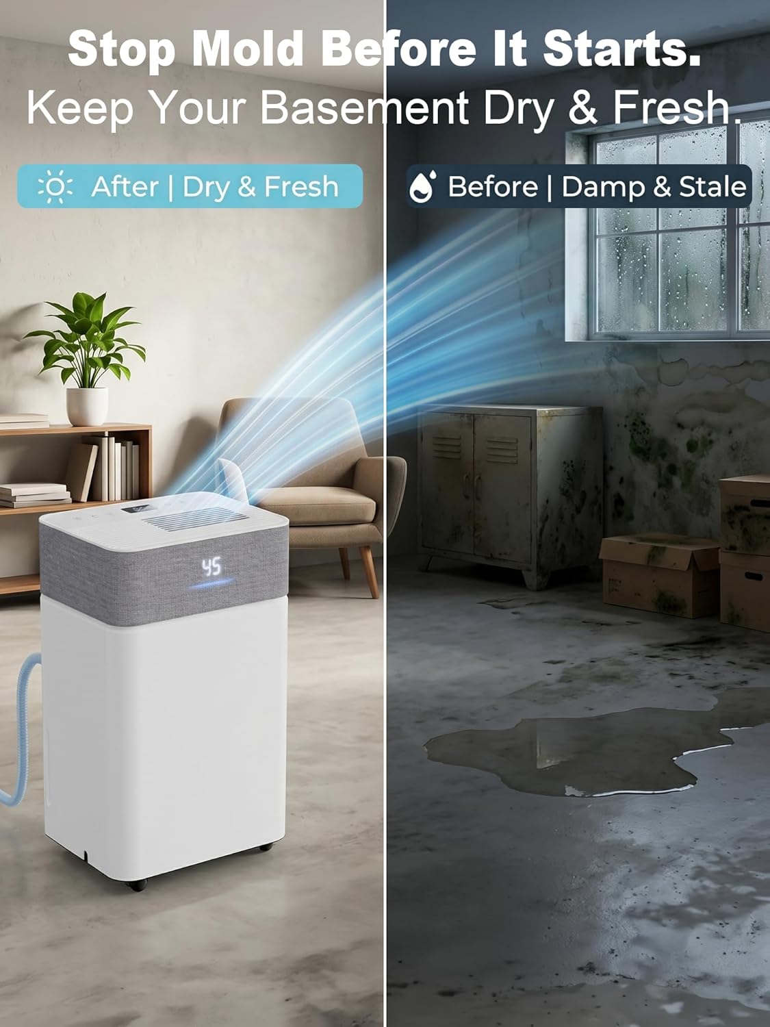 KEGIAN 4000 Sq.Ft Dehumidifier for Basement, 55 Pint Dehumidifiers for Home, Bedroom, Bathroom, Large Room, Portable Energy Star Dehumidifier with Drain Hose, Smart Humidity Control, Quiet Operation