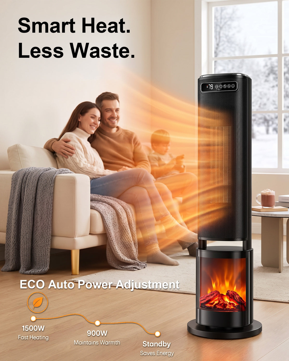 31-Inch Portable Electric Space Heater for Indoor Use, 1500W Tower Heater for Large Rooms, Bedrooms and Offices, 120° Oscillating,24-Hour Timer, Child Lock, ECO Mode