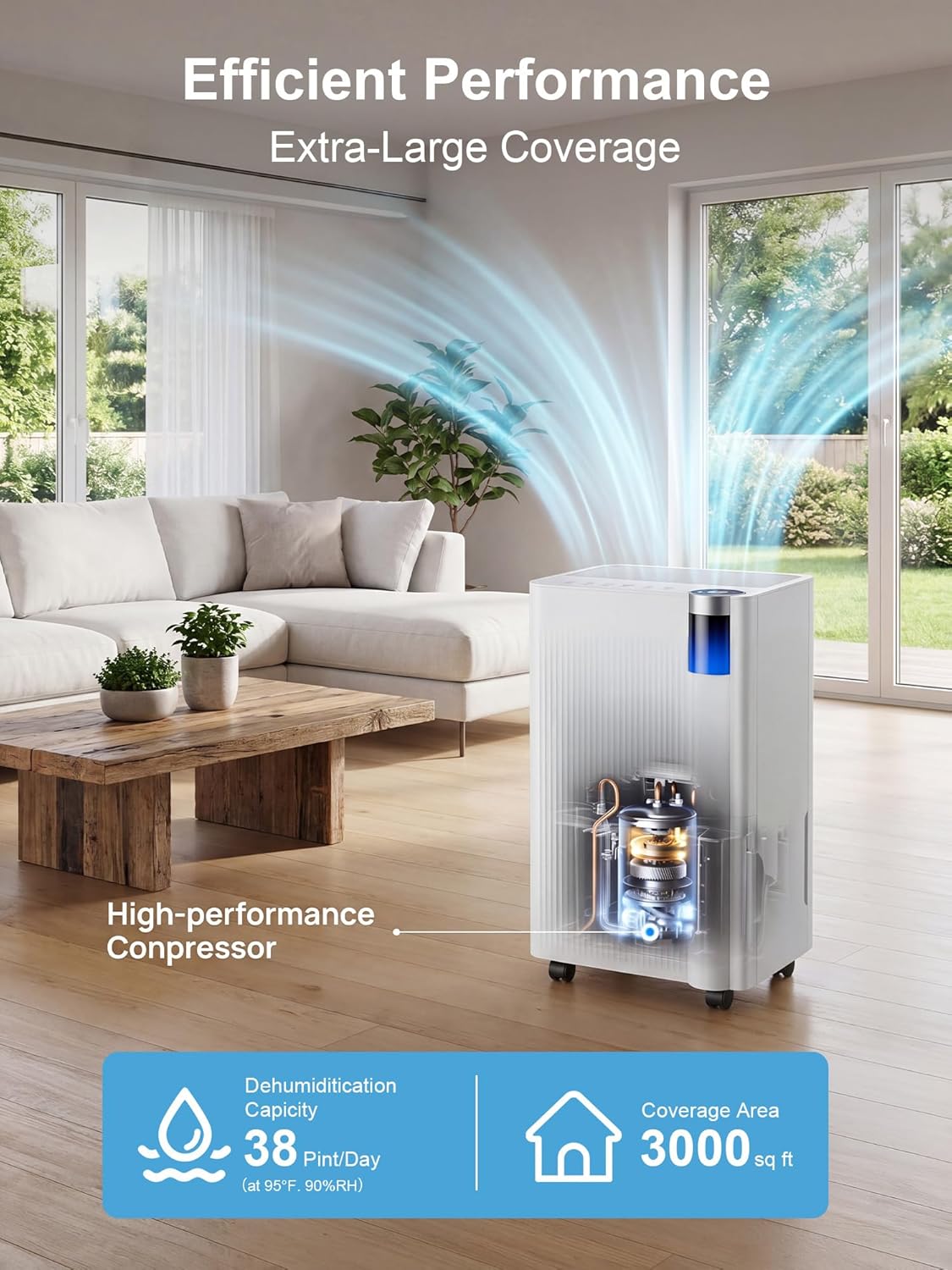 KEGIAN 3000 Sq. ft Dehumidifier for Basement, 38 Pint/D Quiet Dehumidifiers for Home, Bedroom, Bathroom, Portable Dehumidifier with Drain Hose, Energy Star Cert, Ideal for Large Rooms, Garage, RV