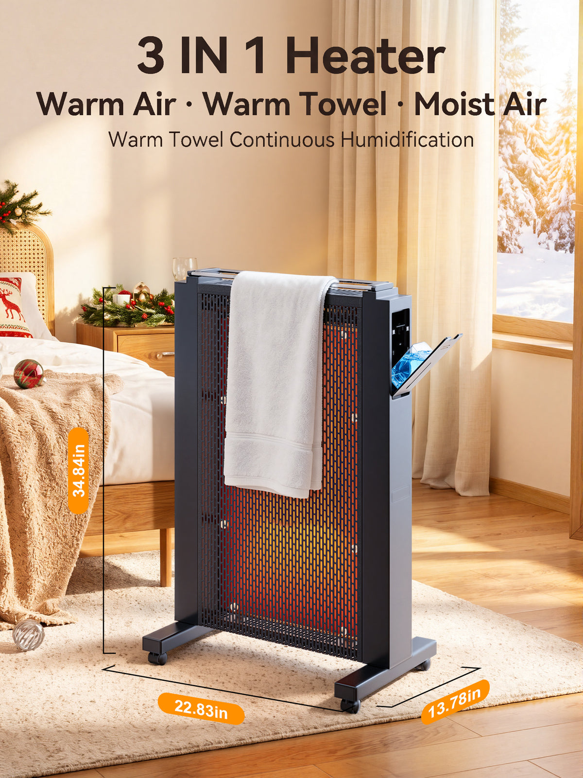 35'' Electric Convection Space Heater for Large Room, 1500W Fast Heating Indoor Use, ECO,12H Timer, Tip-over & Overheat Protection, Child Lock, Humidifier Box, Towel Rack Handle & Wheels