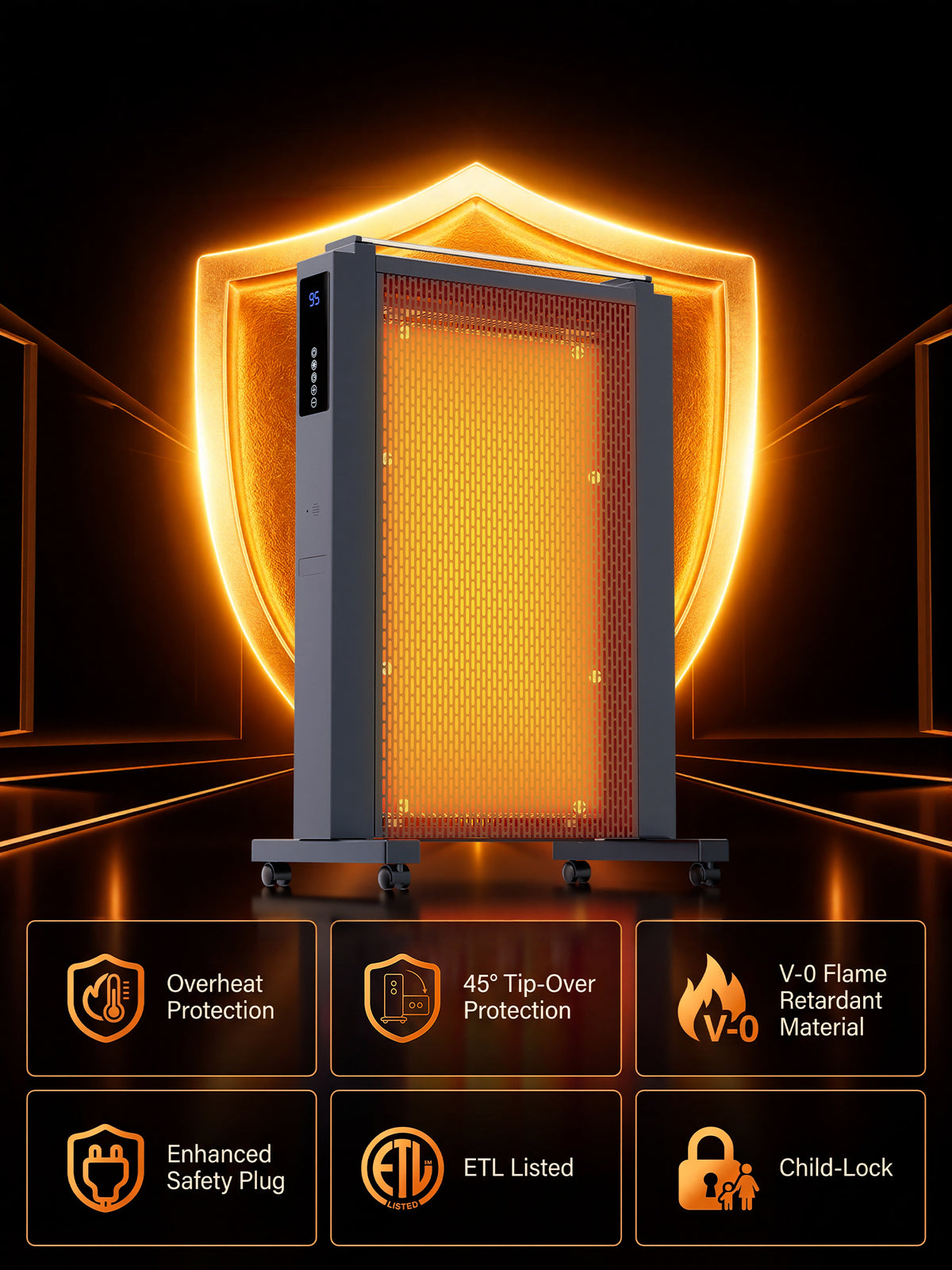 35'' Electric Convection Space Heater for Large Room, 1500W Fast Heating Indoor Use, ECO,12H Timer, Tip-over & Overheat Protection, Child Lock, Humidifier Box, Towel Rack Handle & Wheels