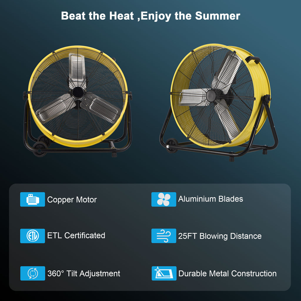 36" Industrial Drum Fan, 21800 CFM High Velocity Floor Fan, Heavy Duty, 3-Speed, 360° Fully Adjustable Tilt, Portable Wheels & Handle for Commercial, Warehouse, Garage, Workshop, Gym-ETL Certified