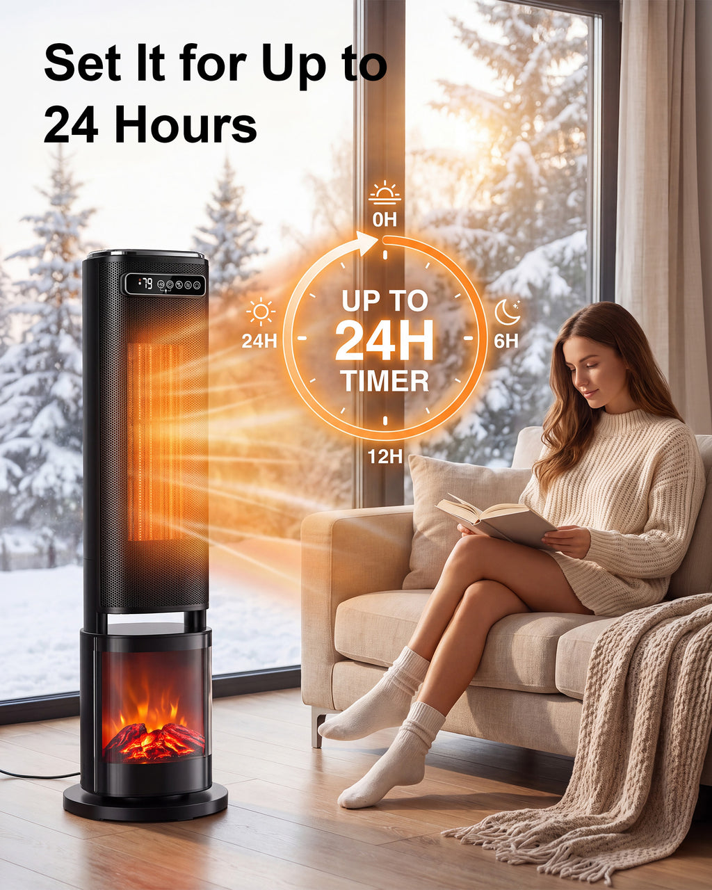 31-Inch Portable Electric Space Heater for Indoor Use, 1500W Tower Heater for Large Rooms, Bedrooms and Offices, 120° Oscillating,24-Hour Timer, Child Lock, ECO Mode