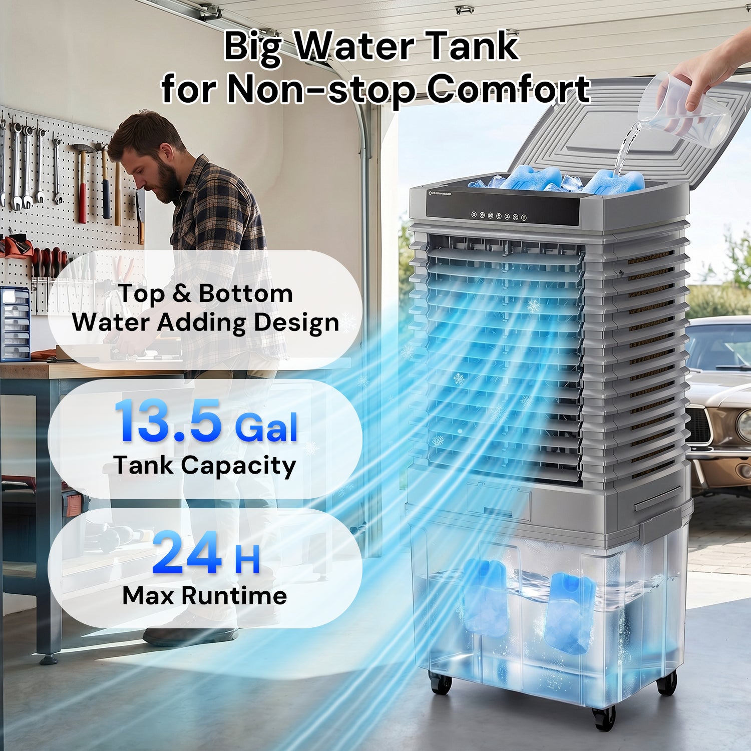 KEGIAN Swamp Cooler, 41" Evaporative Air Cooler w/ 13.5Gal Detachable Tank,120° Oscillation, 12H Timer, Remote, Energy Efficient Windowless Portable Air Conditioner, Cooling Fan for Indoor/Outdoor Use