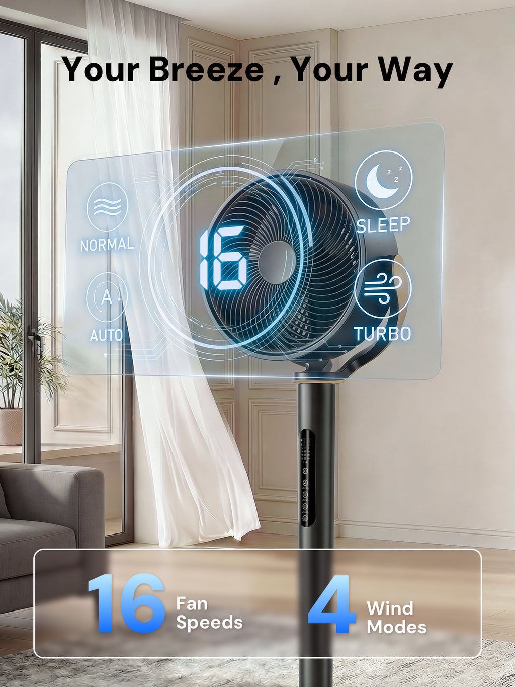 KEGIAN Fan for Bedroom, 20dB Quiet Pedestal Fan with 120ft Airflow, Remote, 12H Timer, 16 Speeds & 4 Modes, 120° Oscillating Standing Fan, 38-46" High Velocity Floor Fan for Home, Office, Indoor Use