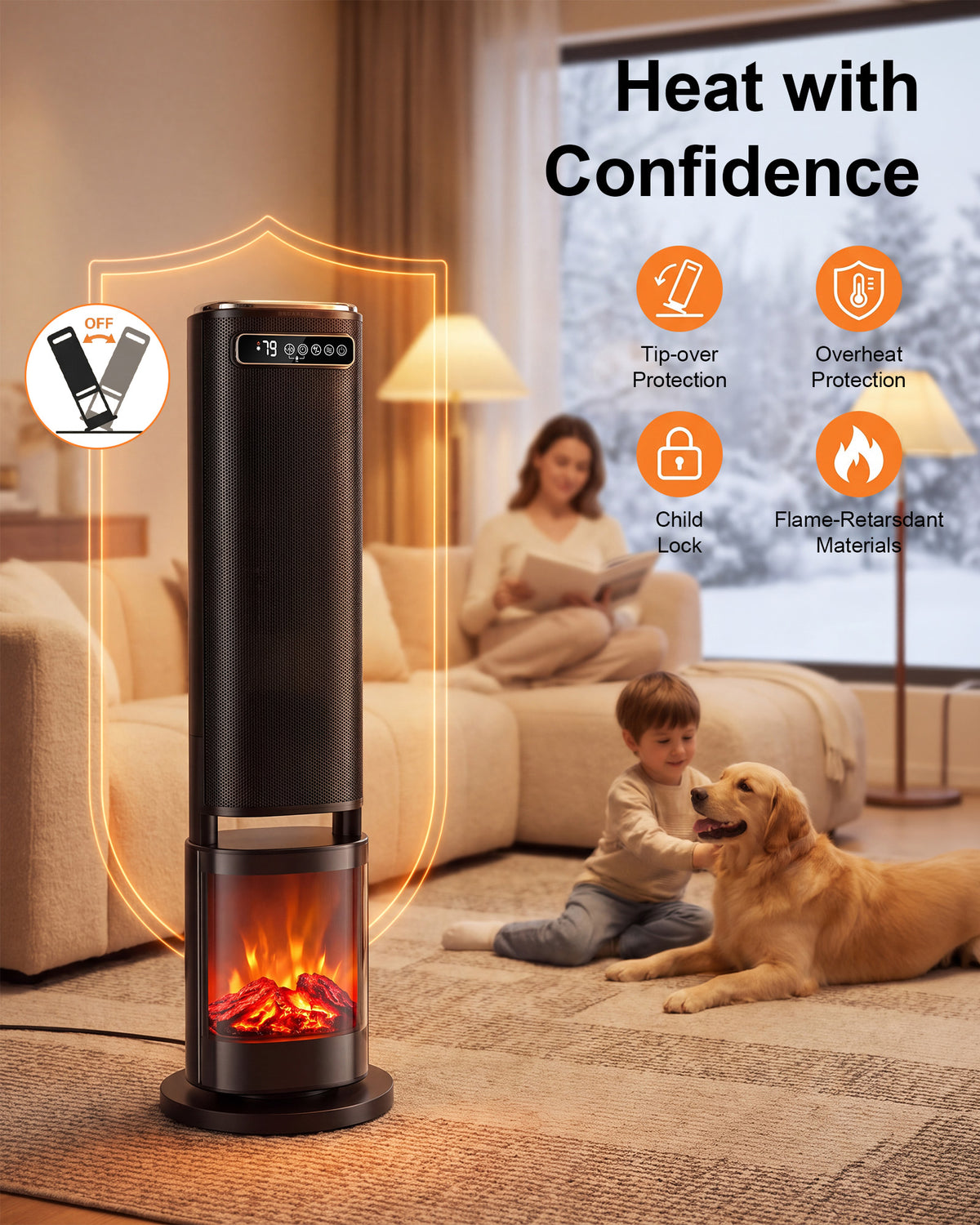 31-Inch Portable Electric Space Heater for Indoor Use, 1500W Tower Heater for Large Rooms, Bedrooms and Offices, 120° Oscillating,24-Hour Timer, Child Lock, ECO Mode