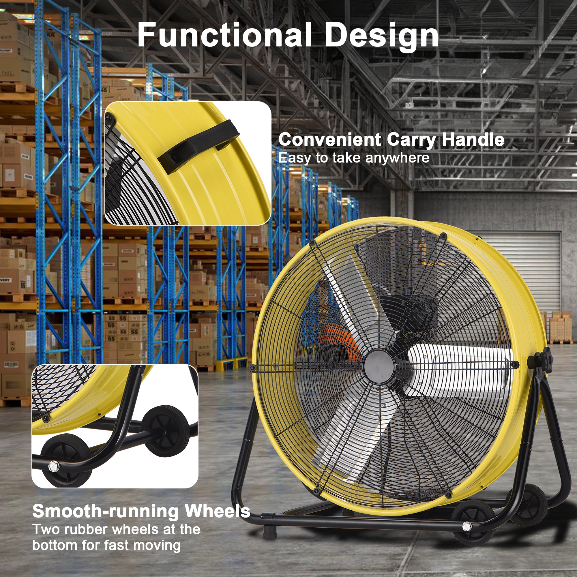 36" Industrial Drum Fan, 21800 CFM High Velocity Floor Fan, Heavy Duty, 3-Speed, 360° Fully Adjustable Tilt, Portable Wheels & Handle for Commercial, Warehouse, Garage, Workshop, Gym-ETL Certified