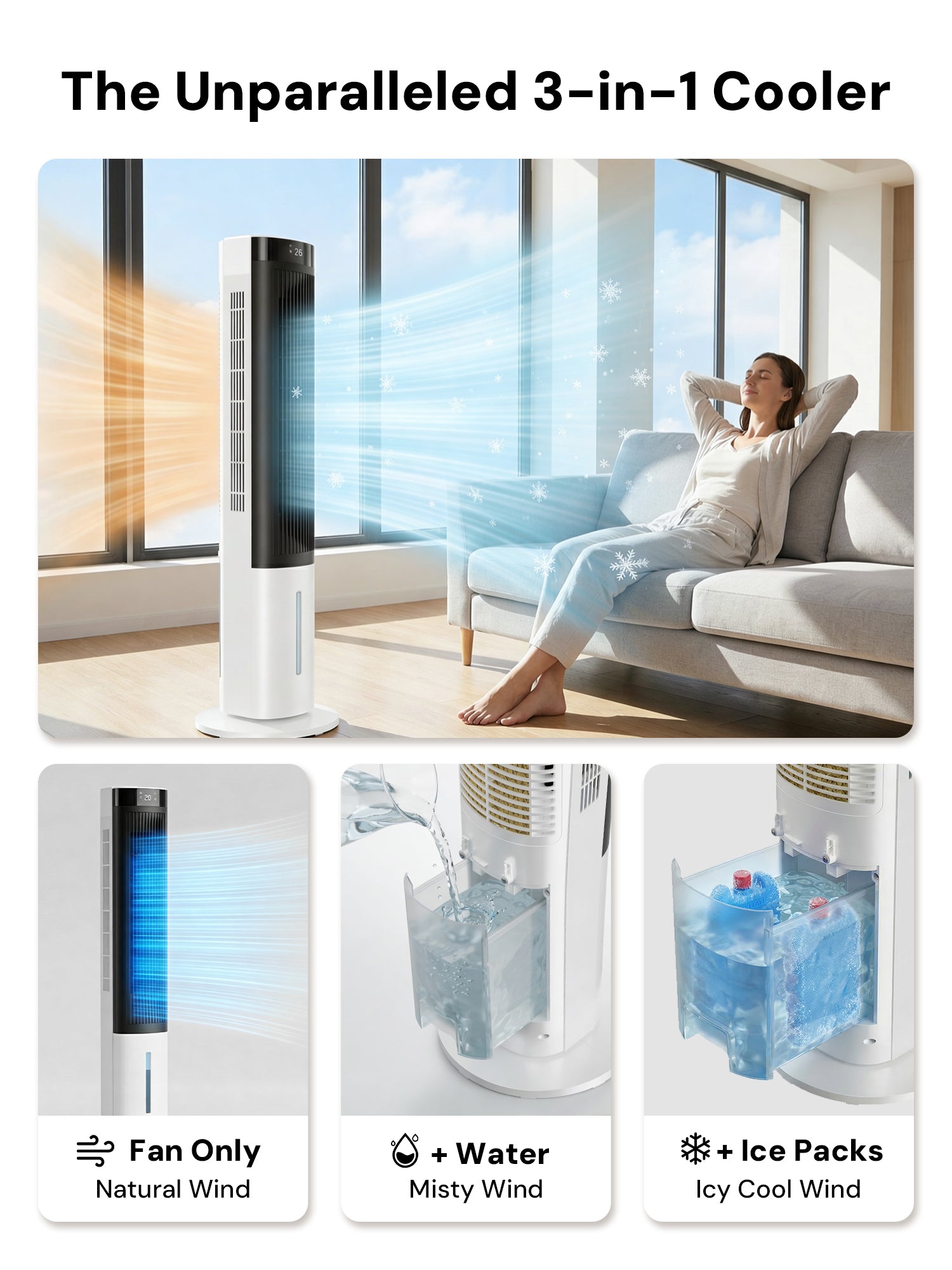 KEGIAN Windowless Portable Air Conditioner, 41" Cooling Fans that Blow Cold Air, Evaporative Air Cooler w/ 4Modes & 3Speeds, 24H Timer, Remote, 20dB Queit Swamp Cooler for Bedroom, Indoor Use