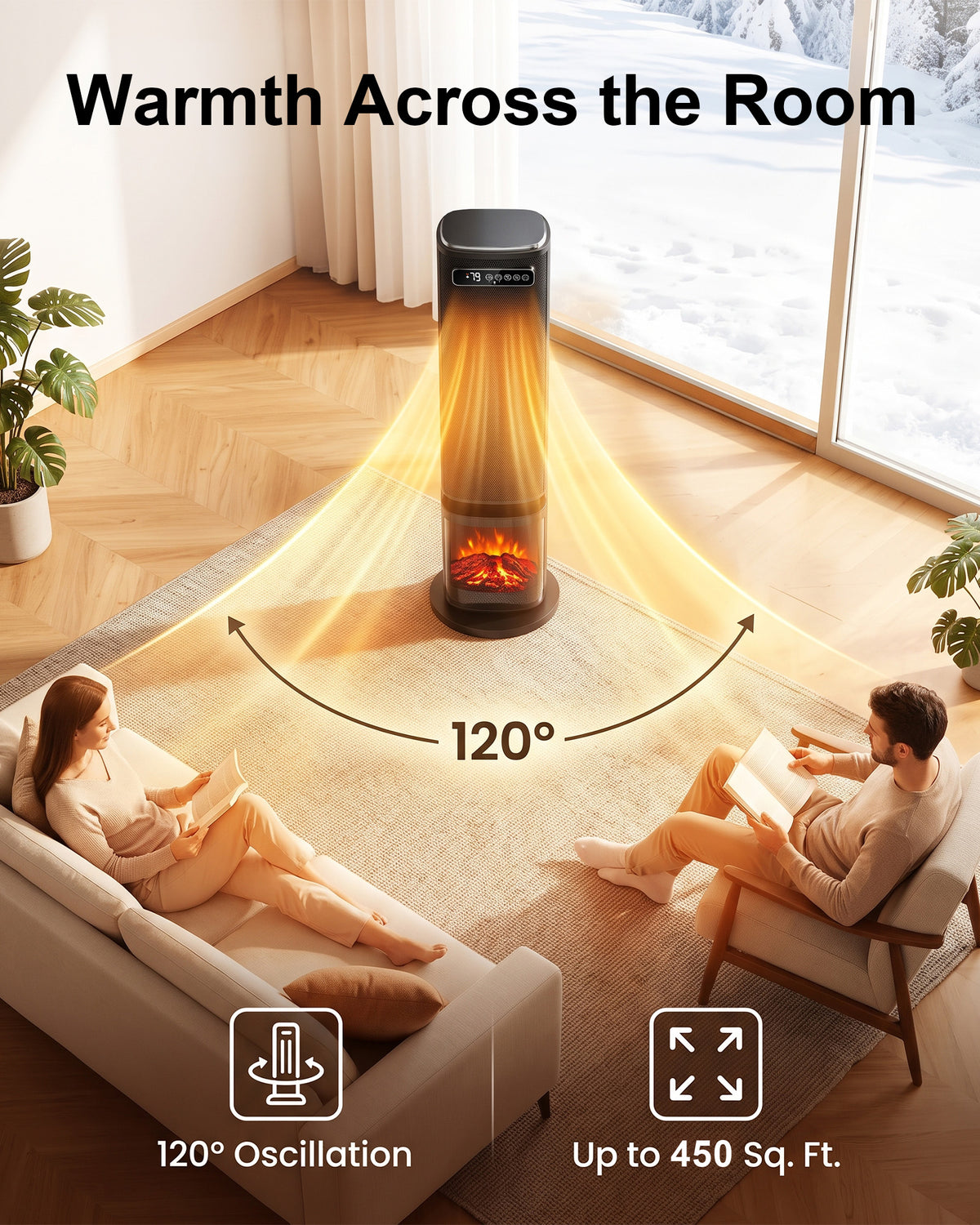 31-Inch Portable Electric Space Heater for Indoor Use, 1500W Tower Heater for Large Rooms, Bedrooms and Offices, 120° Oscillating,24-Hour Timer, Child Lock, ECO Mode