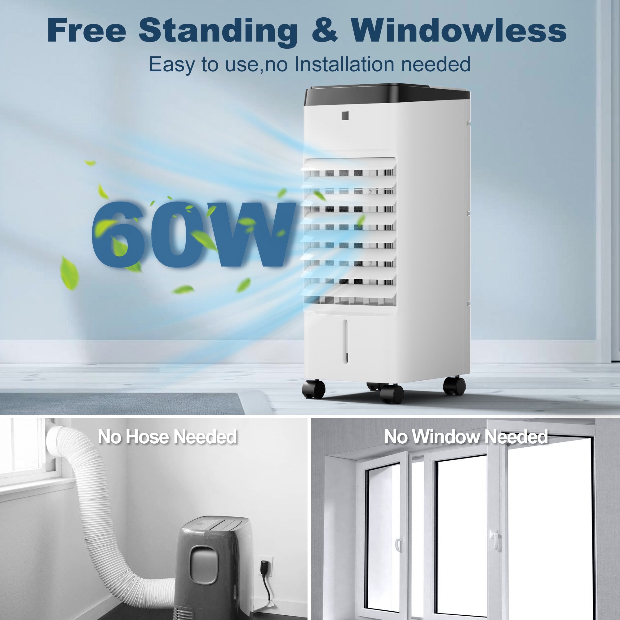 KEGIAN Swamp Cooler, Windowless Portable Air Conditioners with Remote, 120° Oscillation, 4 Modes & 3 Speeds, 12H Timer, 3-in-1 Evaporative Air Cooler, Cooling Fans for Bedroom, Home, Office