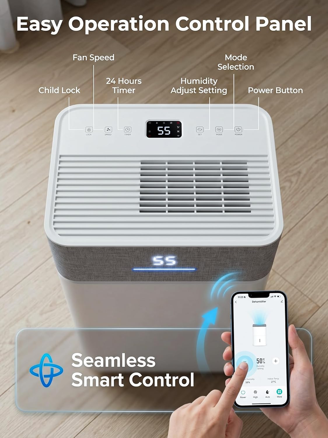 KEGIAN 4000 Sq.Ft Dehumidifier for Basement, 55 Pint Dehumidifiers for Home, Bedroom, Bathroom, Large Room, Portable Energy Star Dehumidifier with Drain Hose, Smart Humidity Control, Quiet Operation