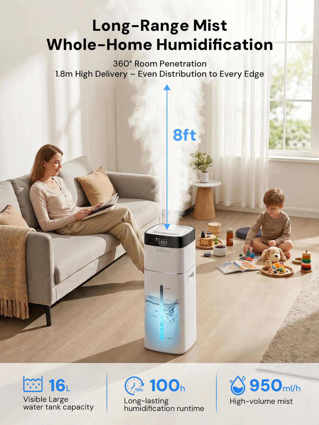 Upgraded Humidifier Cool Mist 16L/4.2Gal for Large Room & Whole House, Covers 2000 sq ft, Ultrasonic with 3 Mist Levels, Water Filter, Top Fill, Auto Humidity Control, Ideal for Bedroom Nursery Plant