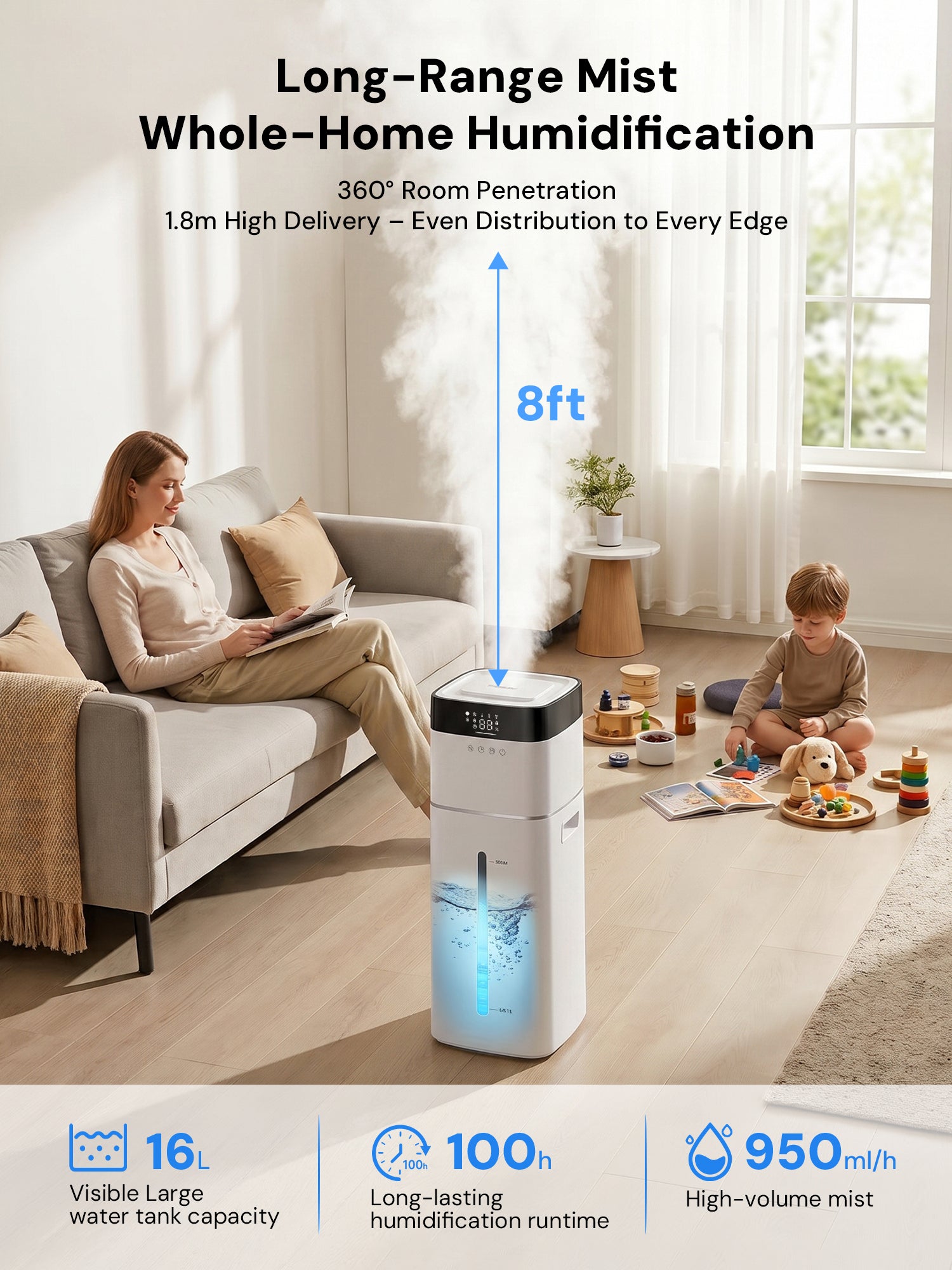 Upgraded Humidifier Cool Mist 16L/4.2Gal for Large Room & Whole House, Covers 2000 sq ft, Ultrasonic with 3 Mist Levels, Water Filter, Top Fill, Auto Humidity Control, Ideal for Bedroom Nursery Plant