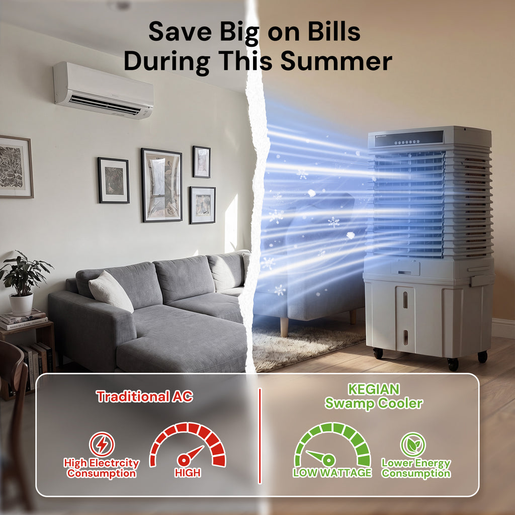 KEGIAN Swamp Cooler, 41" Evaporative Air Cooler w/ 13.5Gal Detachable Tank,120° Oscillation, 12H Timer, Remote, Energy Efficient Windowless Portable Air Conditioner, Cooling Fan for Indoor/Outdoor Use