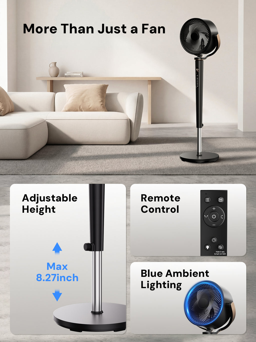 KEGIAN Fan for Bedroom, 20dB Quiet Pedestal Fan with 120ft Airflow, Remote, 12H Timer, 16 Speeds & 4 Modes, 120° Oscillating Standing Fan, 38-46" High Velocity Floor Fan for Home, Office, Indoor Use