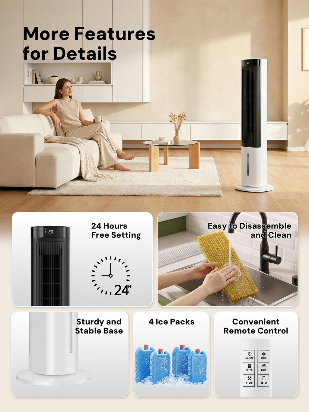 KEGIAN Windowless Portable Air Conditioner, 41" Cooling Fans that Blow Cold Air, Evaporative Air Cooler w/ 4Modes & 3Speeds, 24H Timer, Remote, 20dB Queit Swamp Cooler for Bedroom, Indoor Use