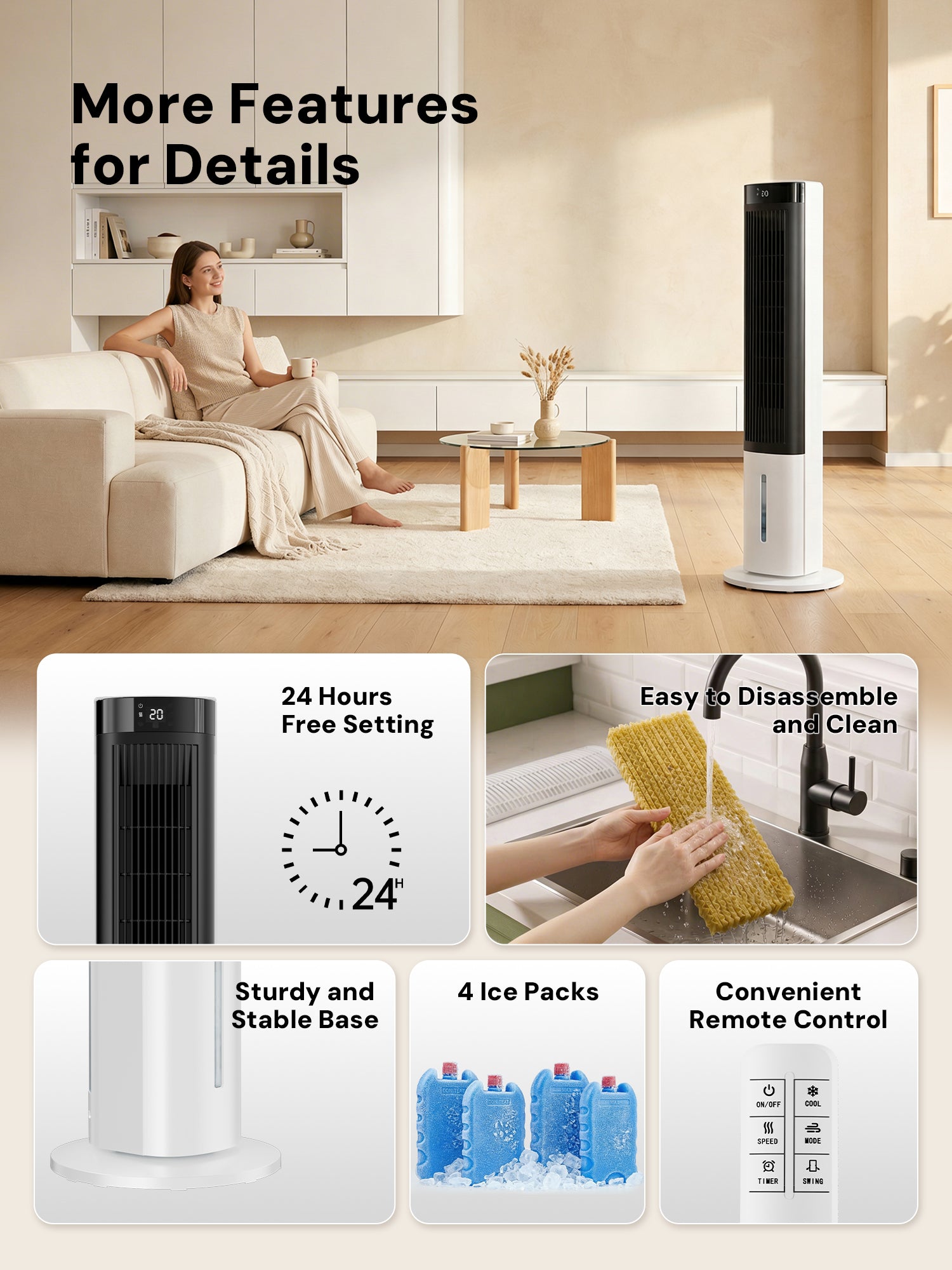 KEGIAN Windowless Portable Air Conditioner, 41" Cooling Fans that Blow Cold Air, Evaporative Air Cooler w/ 4Modes & 3Speeds, 24H Timer, Remote, 20dB Queit Swamp Cooler for Bedroom, Indoor Use