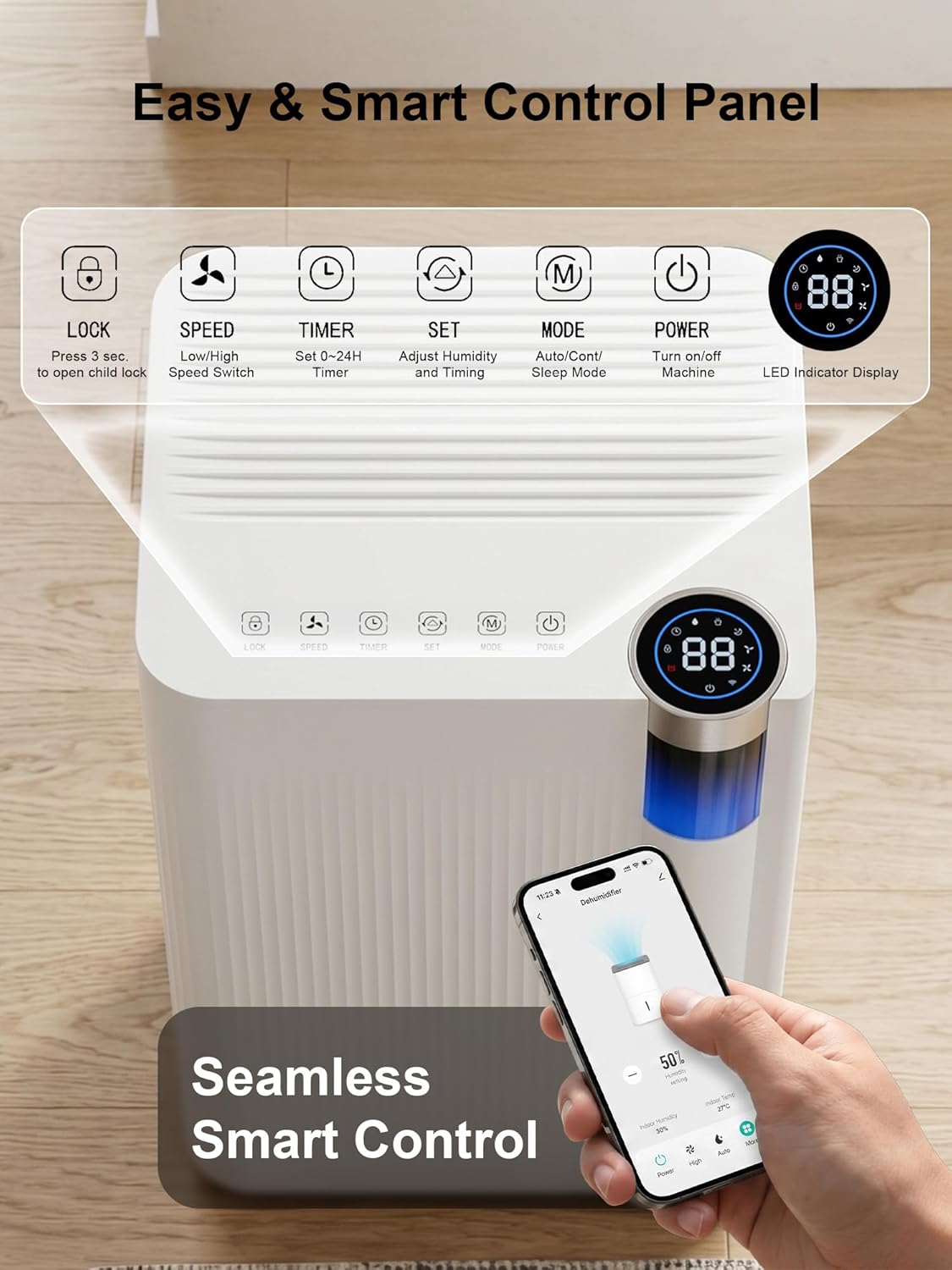 KEGIAN 3000 Sq. ft Dehumidifier for Basement, 38 Pint/D Quiet Dehumidifiers for Home, Bedroom, Bathroom, Portable Dehumidifier with Drain Hose, Energy Star Cert, Intelligent Humidity APP Control
