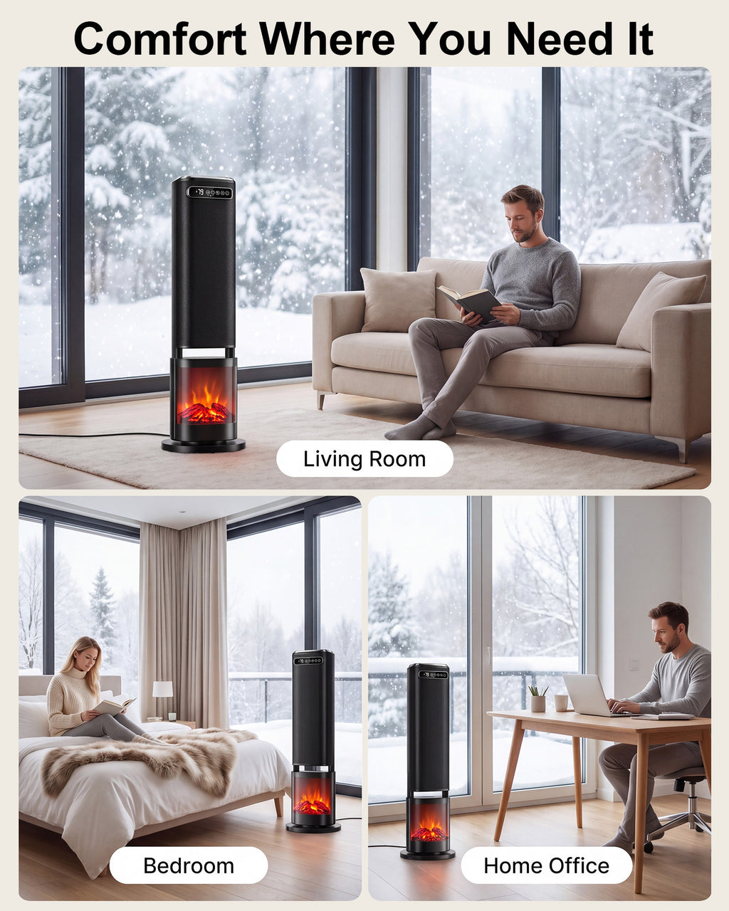 31-Inch Portable Electric Space Heater for Indoor Use, 1500W Tower Heater for Large Rooms, Bedrooms and Offices, 120° Oscillating,24-Hour Timer, Child Lock, ECO Mode