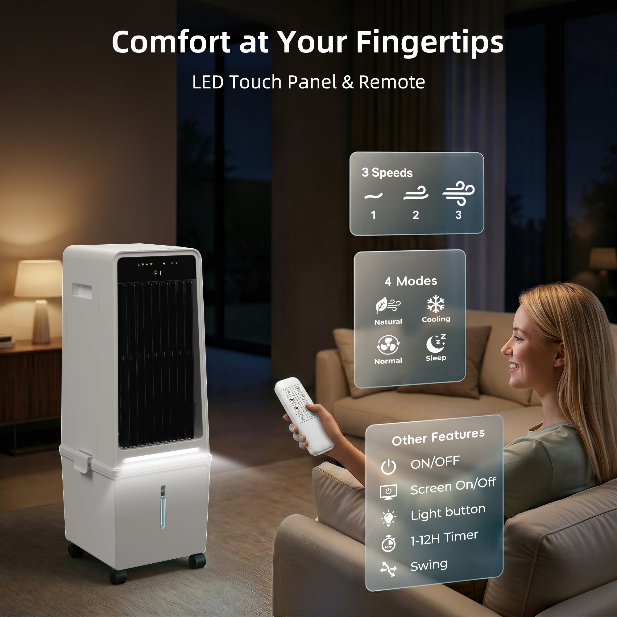 KEGIAN 1800CFM Windowless Air Conditioners, Swamp Cooler Air Conditioner with 4.2 Gal Detachable Water Tank, Ambient Light, 3Speeds & 4Modes, 12H Timer,120° Oscillation, Portable AC for Room Bedroom