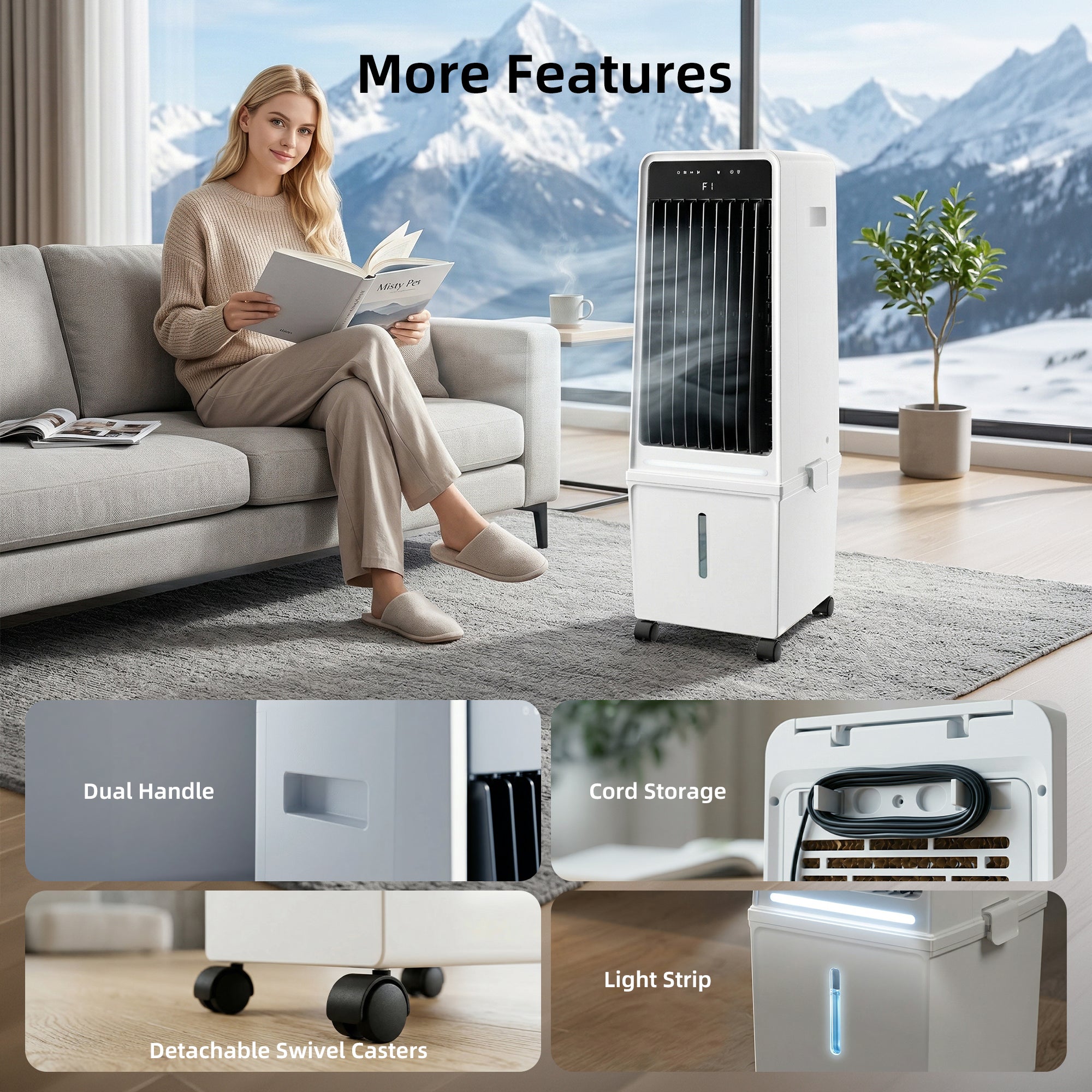 KEGIAN 1800CFM Windowless Air Conditioners, Swamp Cooler Air Conditioner with 4.2 Gal Detachable Water Tank, Ambient Light, 3Speeds & 4Modes, 12H Timer,120° Oscillation, Portable AC for Room Bedroom